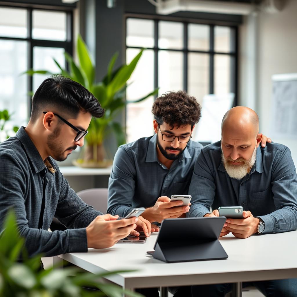 A group of three men in a modern office, gathered around a table, focused on their smartphones as they read messages on WhatsApp