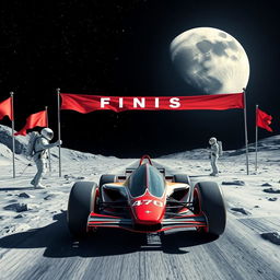A realistic depiction of an F1 car racing toward the moon, with astronauts on the moon's surface holding a finishing line