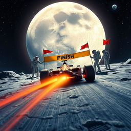 A realistic depiction of an F1 car racing toward the moon, with astronauts on the moon's surface holding a finishing line