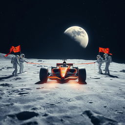 A realistic depiction of an F1 car racing toward the moon, with astronauts on the moon's surface holding a finishing line