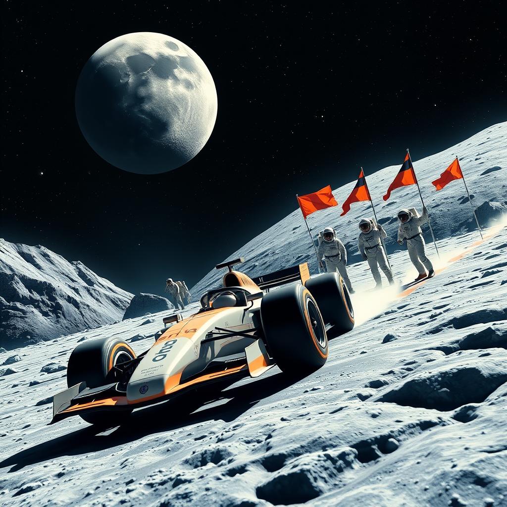 A realistic depiction of an F1 car racing toward the moon, with astronauts on the moon's surface holding a finishing line