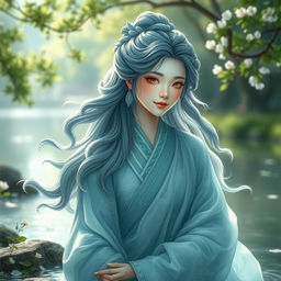 An ancient beautiful Chinese goddess of water, depicted with flowing, uneven wavy hair