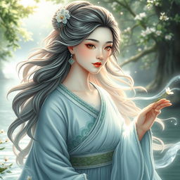 An ancient beautiful Chinese goddess of water, depicted with flowing, uneven wavy hair