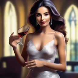 A high-quality digital art featuring a 28-year-old Colombian model in an elegant, open dress