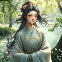 An ancient beautiful Chinese goddess of water, depicted with flowing, uneven wavy hair