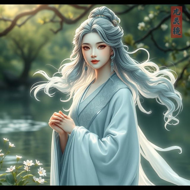 An ancient beautiful Chinese goddess of water, depicted with flowing, uneven wavy hair