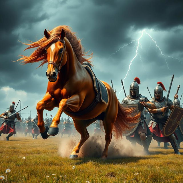 A dramatic battle scene featuring a powerful horse charging into a group of fierce warriors