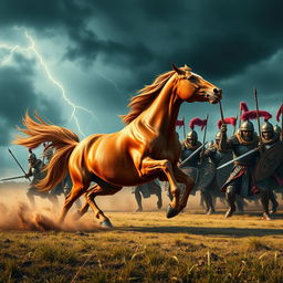 A dramatic battle scene featuring a powerful horse charging into a group of fierce warriors