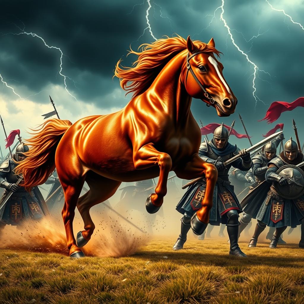 A dramatic battle scene featuring a powerful horse charging into a group of fierce warriors