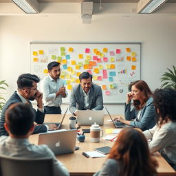 A visual representation of challenges in the workplace, featuring a diverse group of professionals in a modern office setting