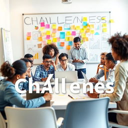 A visual representation of challenges in the workplace, featuring a diverse group of professionals in a modern office setting