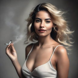 A realistic portrait of a 28-year-old Colombian model with a unique hairstyle that transitions from brown at the roots to blonde at the tips