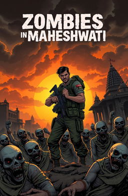 A thrilling scene from a graphic novel titled 'Zombies is Maheshwati', featuring an Indian soldier in combat against a horde of zombies