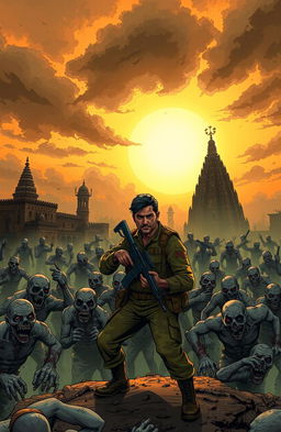 A thrilling scene from a graphic novel titled 'Zombies is Maheshwati', featuring an Indian soldier in combat against a horde of zombies
