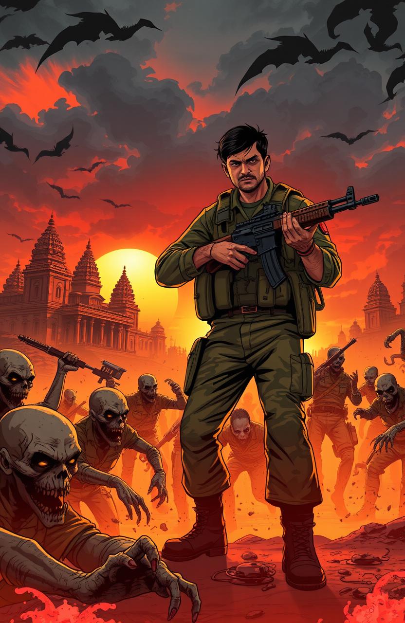 A thrilling scene from a graphic novel titled 'Zombies is Maheshwati', featuring an Indian soldier in combat against a horde of zombies