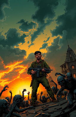 A thrilling scene from a graphic novel titled 'Zombies is Maheshwati', featuring an Indian soldier in combat against a horde of zombies