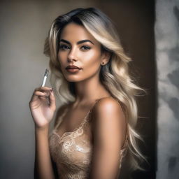 A realistic portrait of a 28-year-old Colombian model with a unique hairstyle that transitions from brown at the roots to blonde at the tips