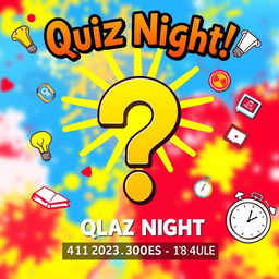 A vibrant and engaging poster for a quiz night, featuring a dramatic question mark in the center