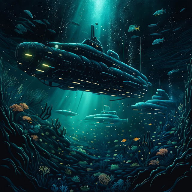 A high-quality digital art piece that depicts submarines diving into the deep, dark ocean