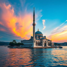 A picturesque scene of a majestic mosque resting on the water, featuring a stunning large minaret that gracefully rises from its roof
