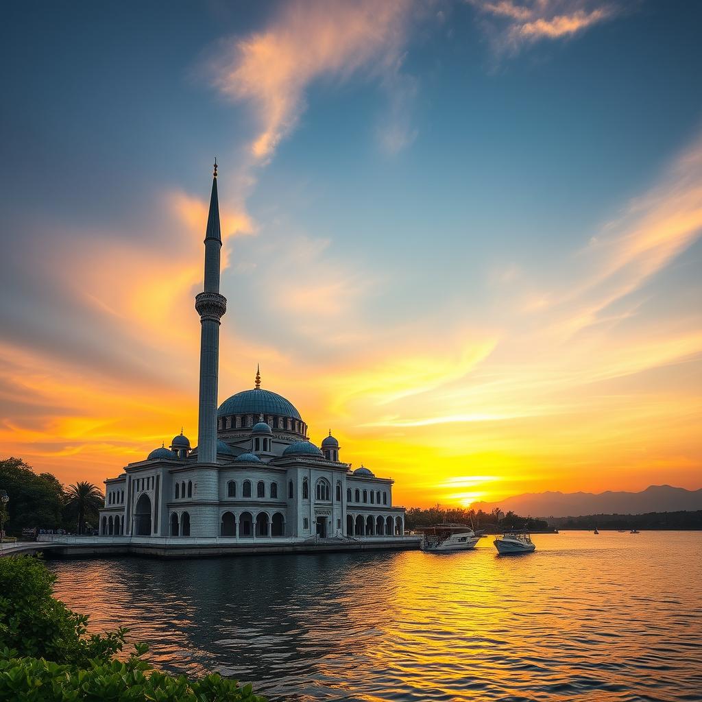 A picturesque scene of a majestic mosque resting on the water, featuring a stunning large minaret that gracefully rises from its roof