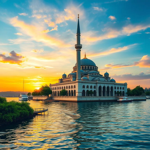 A picturesque scene of a majestic mosque resting on the water, featuring a stunning large minaret that gracefully rises from its roof