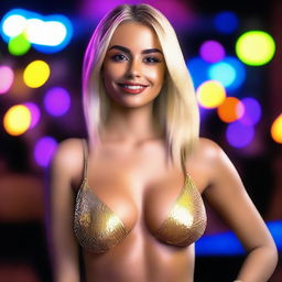 This is a high-quality, realistic render of a 28-year-old Colombian model with blonde hair