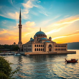 A picturesque scene of a majestic mosque resting on the water, featuring a stunning large minaret that gracefully rises from its roof