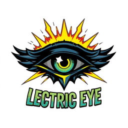 Logo design for a hard rock band named 'Electric Eye', featuring a fierce and dynamic eye symbol integrated with electric elements such as bolts and sparks, emphasizing the band's energetic and powerful vibe