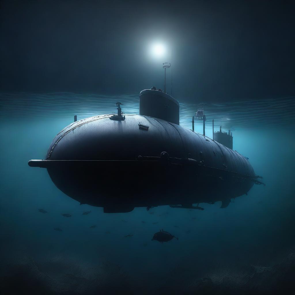 A high-quality digital art piece that depicts a solitary submarine in the deep, dark sea