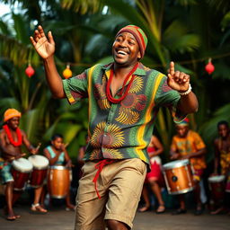 A vibrant and colorful image of a Papua New Guinean man joyfully dancing, wearing traditional reggae-inspired clothing with bright hues of green, red, yellow, and black