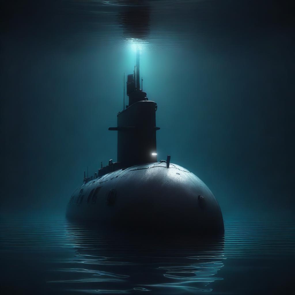 A high-quality digital art piece that depicts a solitary submarine in the deep, dark sea