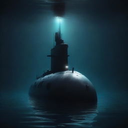 A high-quality digital art piece that depicts a solitary submarine in the deep, dark sea