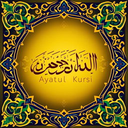 An elegant, visually striking representation of Ayatul Kursi in Arabic calligraphy, surrounded by ornate decorative patterns inspired by traditional Islamic art