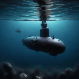 A high-quality digital art piece that depicts a solitary submarine in the deep, dark sea