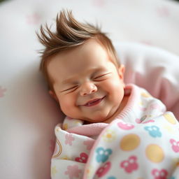 A surreal and humorous hybrid image combining an adult man's head seamlessly placed on a newborn baby's tiny body