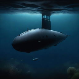 A high-quality digital art piece that depicts a solitary submarine in the deep, dark sea