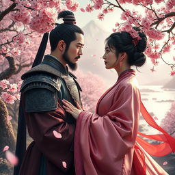 A dramatic scene depicting General Meng Yi and Princess Li in a moment of emotional intensity