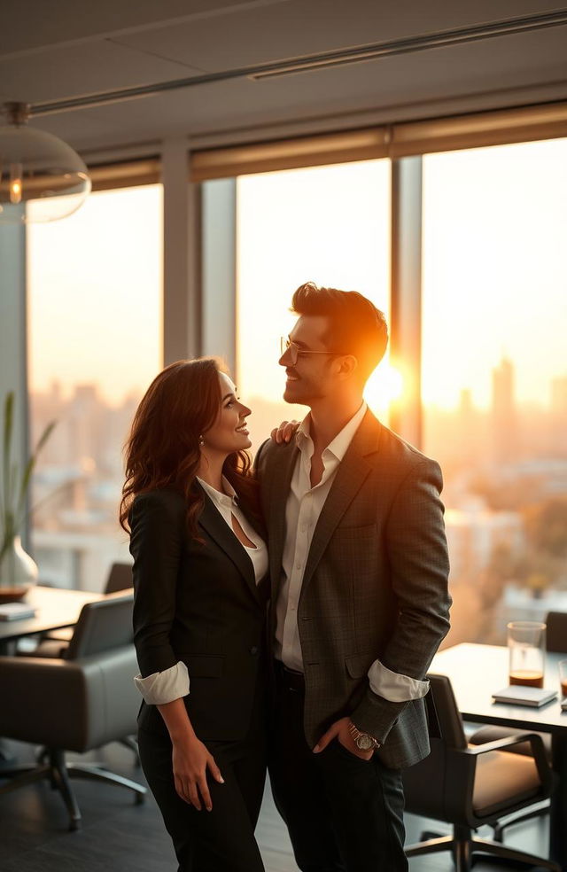 A romantic scene set in a modern office environment, featuring a charming couple engaged in a flirtatious conversation