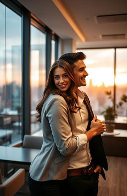 A romantic scene set in a modern office environment, featuring a charming couple engaged in a flirtatious conversation