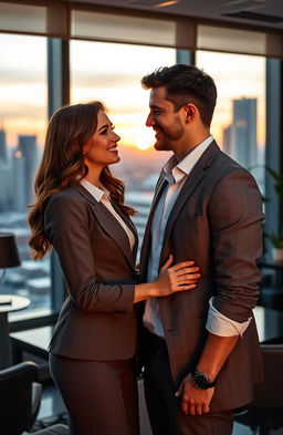 A romantic scene set in a modern office environment, featuring a charming couple engaged in a flirtatious conversation