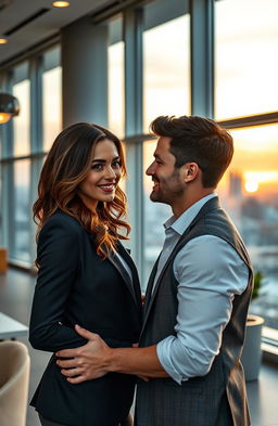 A romantic scene set in a modern office environment, featuring a charming couple engaged in a flirtatious conversation
