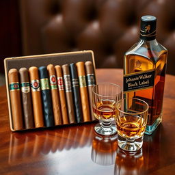 A beautiful arrangement of various types of cigars in different sizes and colors, elegantly lined up on a polished brown wooden table