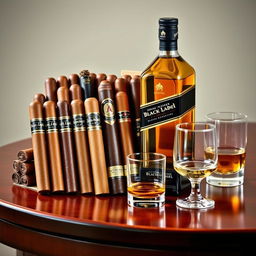 A beautiful arrangement of various types of cigars in different sizes and colors, elegantly lined up on a polished brown wooden table