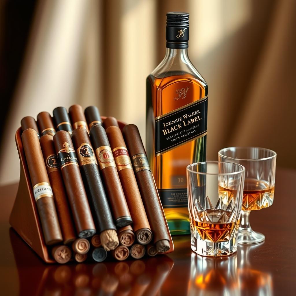 A beautiful arrangement of various types of cigars in different sizes and colors, elegantly lined up on a polished brown wooden table