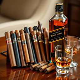 A beautiful arrangement of various types of cigars in different sizes and colors, elegantly lined up on a polished brown wooden table