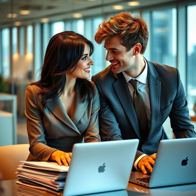 A romantic scene set in a contemporary office, featuring a charming couple sharing a playful moment