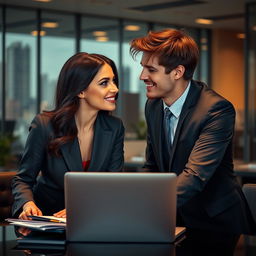 A romantic scene set in a contemporary office, featuring a charming couple sharing a playful moment