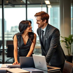 A romantic scene set in a contemporary office, featuring a charming couple sharing a playful moment