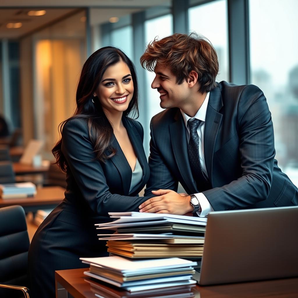 A romantic scene set in a contemporary office, featuring a charming couple sharing a playful moment